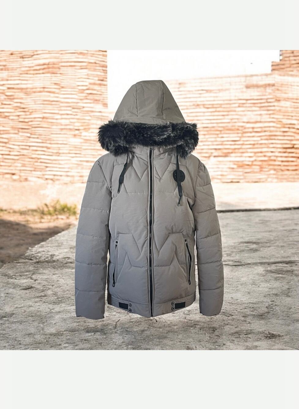 V.I.P COLLECTION Men's Puffer Jacket with Faux Fur Hood Gray Large